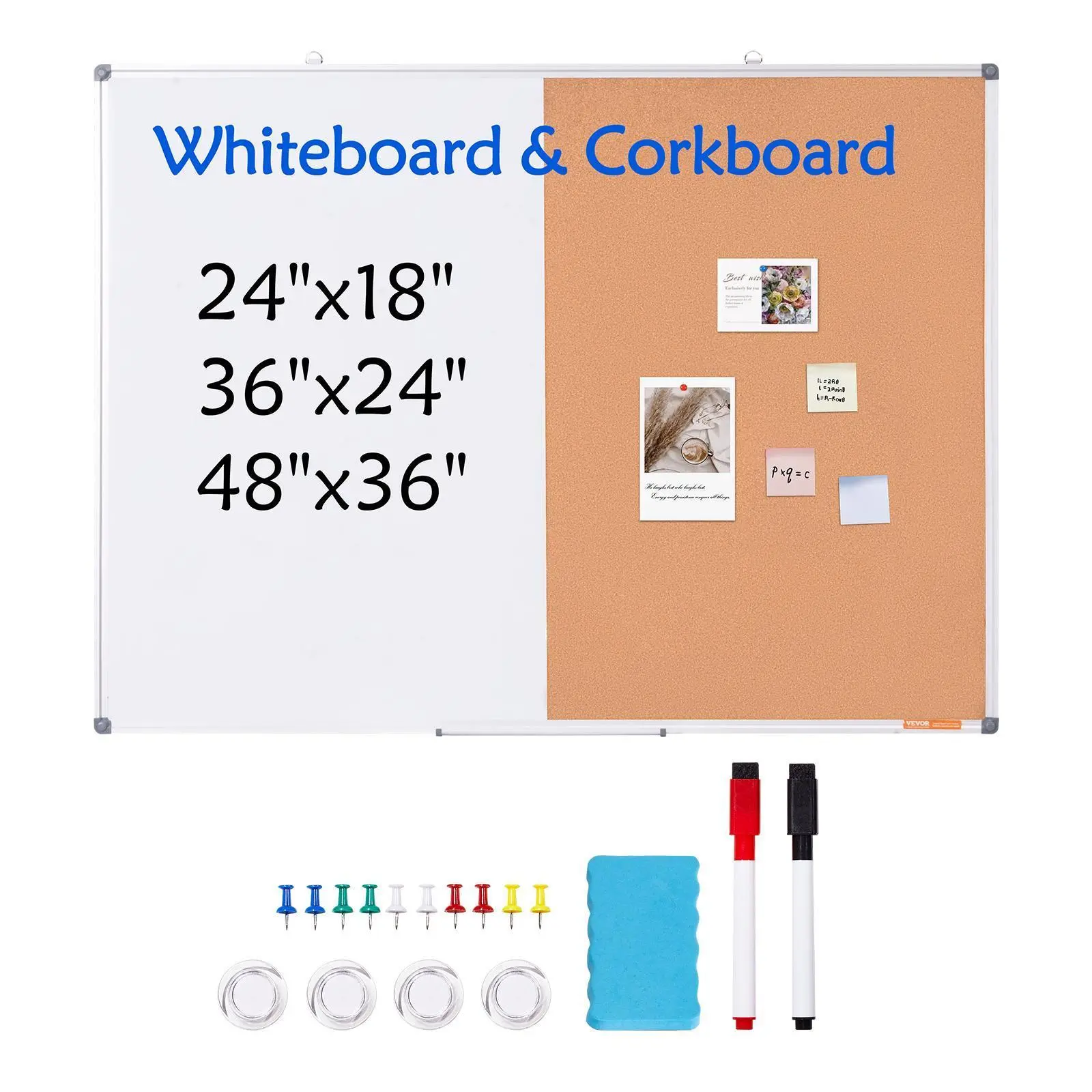 【SummerFinds】VEVOR 48x36in 2-in-1 Magnetic Dry-Erase & Cork Writing Board Combo with Aluminum Frame - Wall-Mount Bulletin Board Kit with Full Accessories, Secure Packaging, Dry-Erase Markers - Ideal for Managers, Locker Rooms