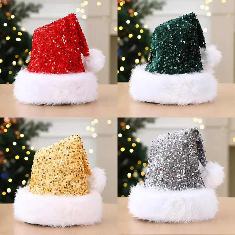 2026 Adult Double-Layer Sequin Santa Hat, High-Density Sparkly Sequins Christmas Hat with Thick Long Plush Brim & Pom Pom, 32×45cm One Size Fits Most Unisex Shiny Festive Headwear for Christmas Party Family Photos New Year Celebration Gift