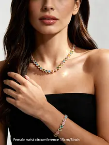Y2K Retro Heart Pendant Necklace Set, Four Trendy Colors Zircon Micro Pave, Classic Tennis Chain, Music Festival Accessories