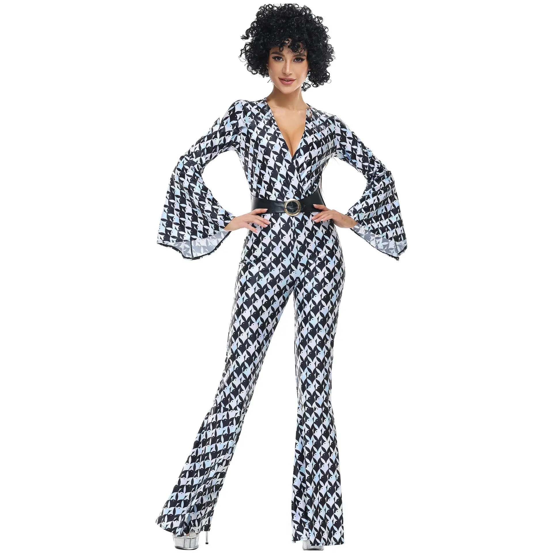 Women's Diamond Grid 80s Retro Nostalgic Disco Clothes, Halloween Hippie Party Costume, Singer Cosplay Outfit Set, Lady, Accessories, Acrylic, Tencel, Chic, Cotton, Japanese, Mixed Fabrics, Hippie Look, All Seasons
