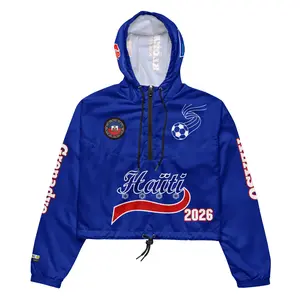 Klozahnas Haiti 1974-2026 Women's Cropped Windbreaker - Breathable Mesh Lining, Water-Resistant, Adjustable Hood & Waist, Side Pockets, 100% Polyester, Lightweight, Cultural Design - Womenswear