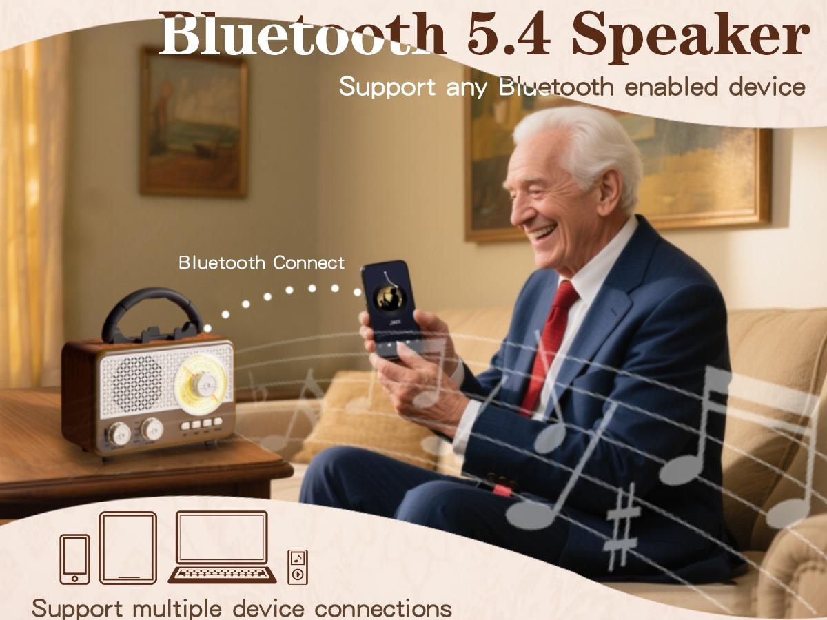 Radio Portable AM FM SW Bluetooth Speaker Vintage Radios with Phone Stand TF Card/AUX/USB Small Retro Radio Battery Powered&Solar for Outdoor Old Vintage Decor Birthday Gifts for Women,Men,Dad