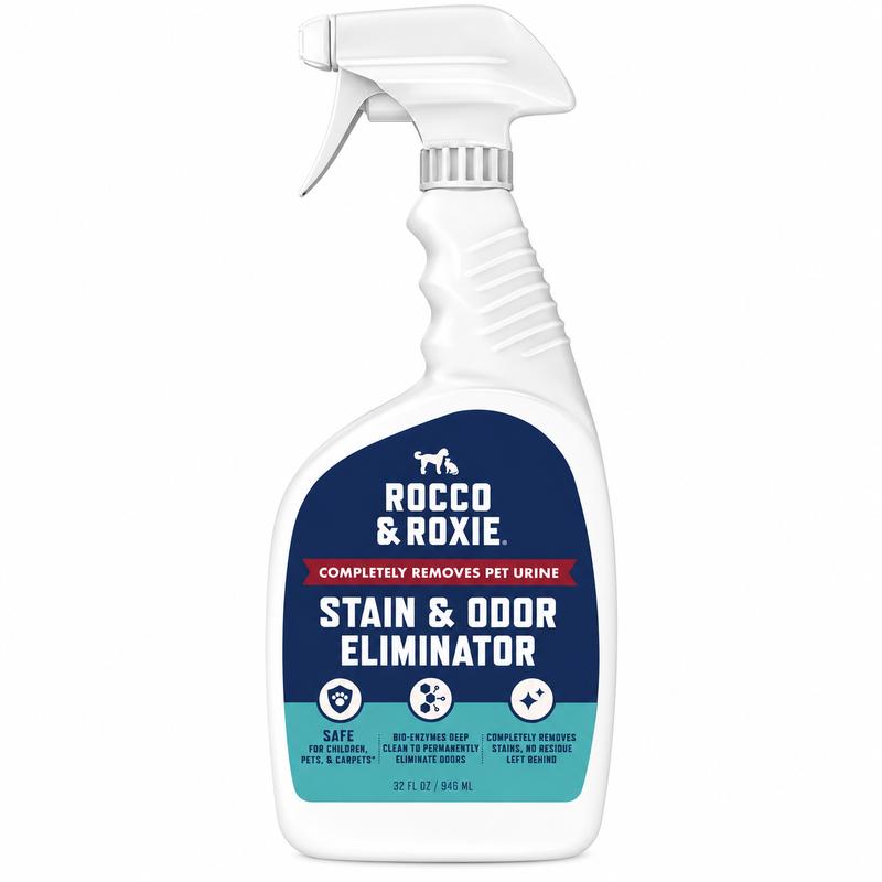Rocco & Roxie Stain & Odor Eliminator for Strong Odor, 32oz Enzyme Pet Odor Eliminator for Home Cleaning, Carpet Stain Remover for Cats & Dog Pee, Enzymatic Cat Urine Destroyer, Carpet Cleaner Spray Removal Litter