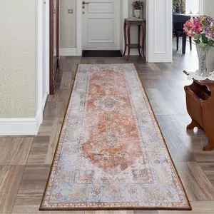 Machine Washable Runner Rug 2x6 - Boho Vintage Striped Area Carpet for Hallway, Non-Slip Kitchen & Entryway Rug, Lightweight Stain Resistant Floor Mat in Orange & Terracotta Tones-S