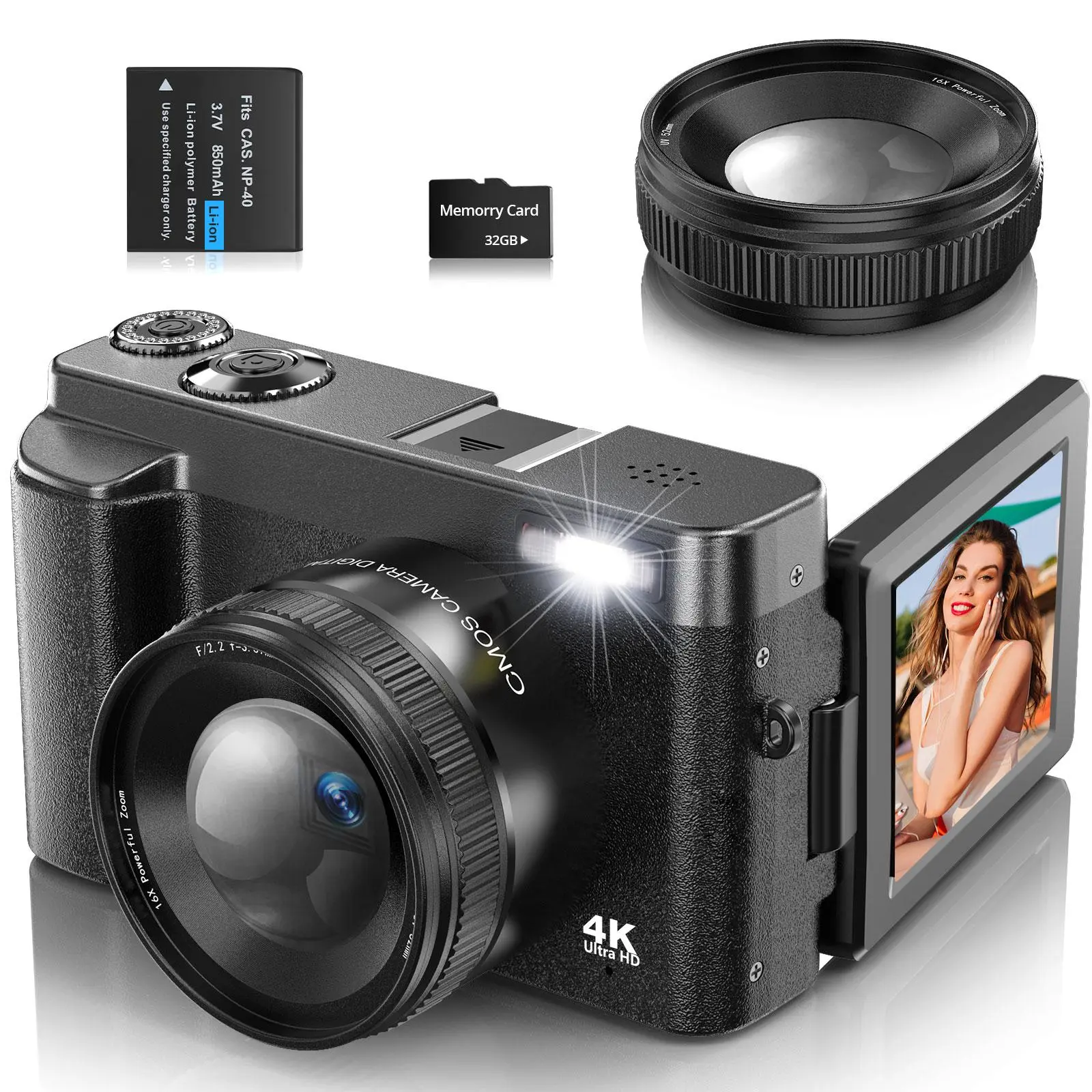 NSOELA Portable Mirrorless Digital High Definition Camera - 12x Optical Zoom, f/2.2 Built-in Fill Light, Li-ion Cells, Foldable Screen, 32GB Memory Card, Wrist Strap, Self-Timer, Recording, Ideal Beginner Gift for Valentine's Day/Birthday