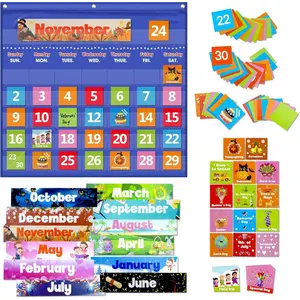 Calendar Pocket Chart with 88 Cards - Ideal for Homeschool, Classroom & Office, Durable Nylon Wall Hanging Calendar for Early Learning (Blue)