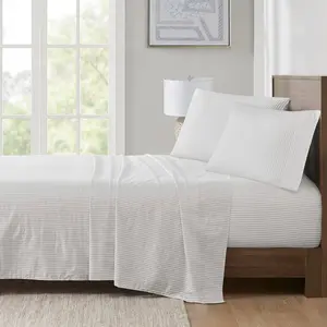 Madison Park Essentials MPE20-1016 90 x 102 x 0.13 in. 200 Thread Count Printed Cotton Sheet Set, Grey Stripe - Queen Size