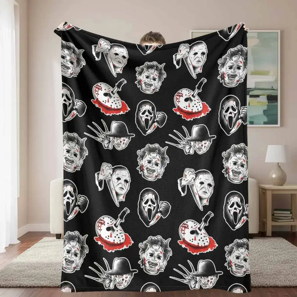 Classic horror movie villain mask collage pattern flannel blanket featuring a bloody knife motif, soft, warm, lightweight, and cozy fabric, wrinkle-resistant and anti-pilling durable material, gothic Halloween aesthetic, ideal for Halloween parties, house