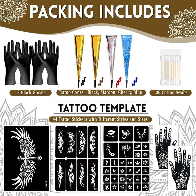 Temporary Tattoo Stencil Kit, 4 Pcs Tattoo Cones 4 Color (Black/Maroon/Cherry Red/Blue) 44 Tattoos Templates and Cotton Swabs, DIY Body Art Skin Painting Designs for Women Men Adult Girl Gifts
