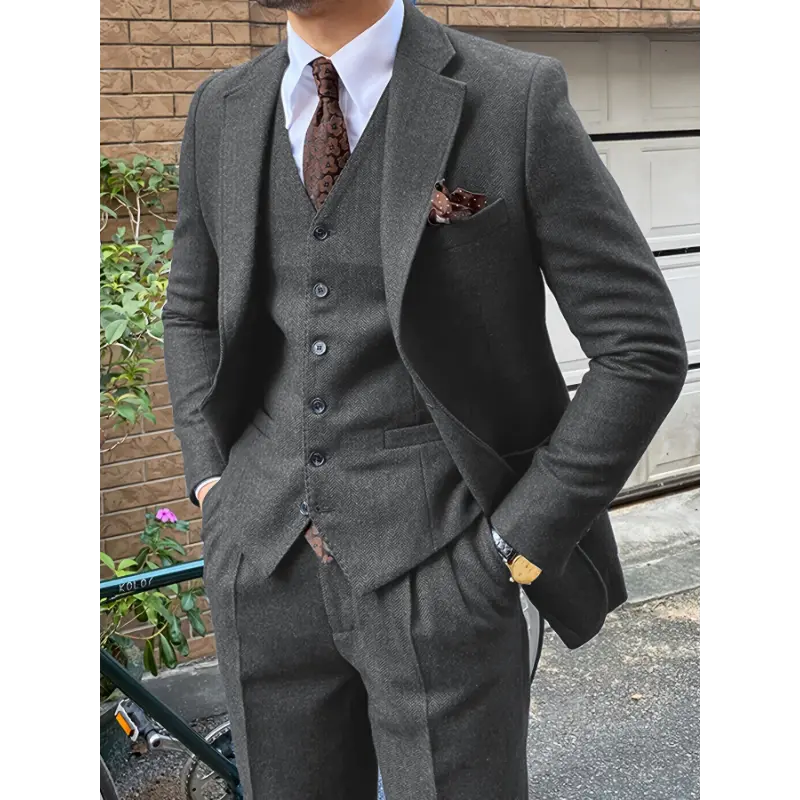 Men's Wool 3-Piece Suit Set, Classic Notch Lapel, Herringbone Pattern, Casual Formal Wear