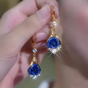 LisiZen Purple Rose Drop Earrings 14K Gold Plated Sparkling Mesh Flower Design, Chic Statement Jewelry Fashion Earrings for Women DZEH4323 Crystal Accents Long Tassel