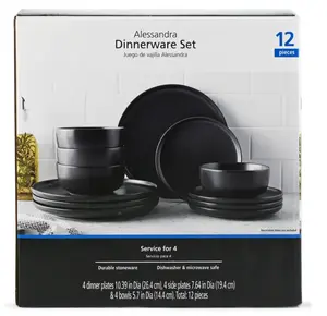 Alessandra Matte Black 12-Piece Stoneware Dinnerware Set