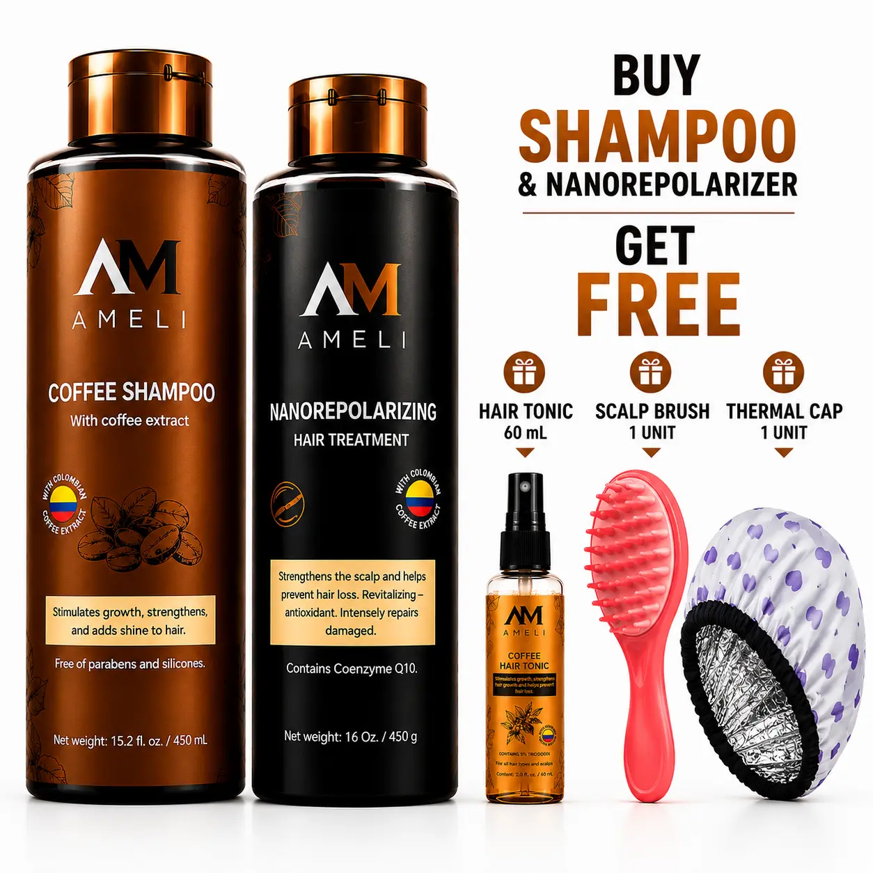 Complete Hair Care System | AM AMELI Natural Hair Care Routine - Gentle Argan Daily Cleansing Volumizing Shampoo Cleanser + Frizz-Fighting Deep Repair Treatment for Hydration & Moisture Oil Control + Free Hair Tonic, Scalp Brush & Thermal Cap | AMELI