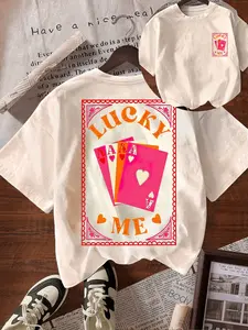 Women's Poker Card Pattern Short Sleeve T-Shirt, Casual Fitted Design, Comfortable Fashion for All Seasons, Summer Campus Wear