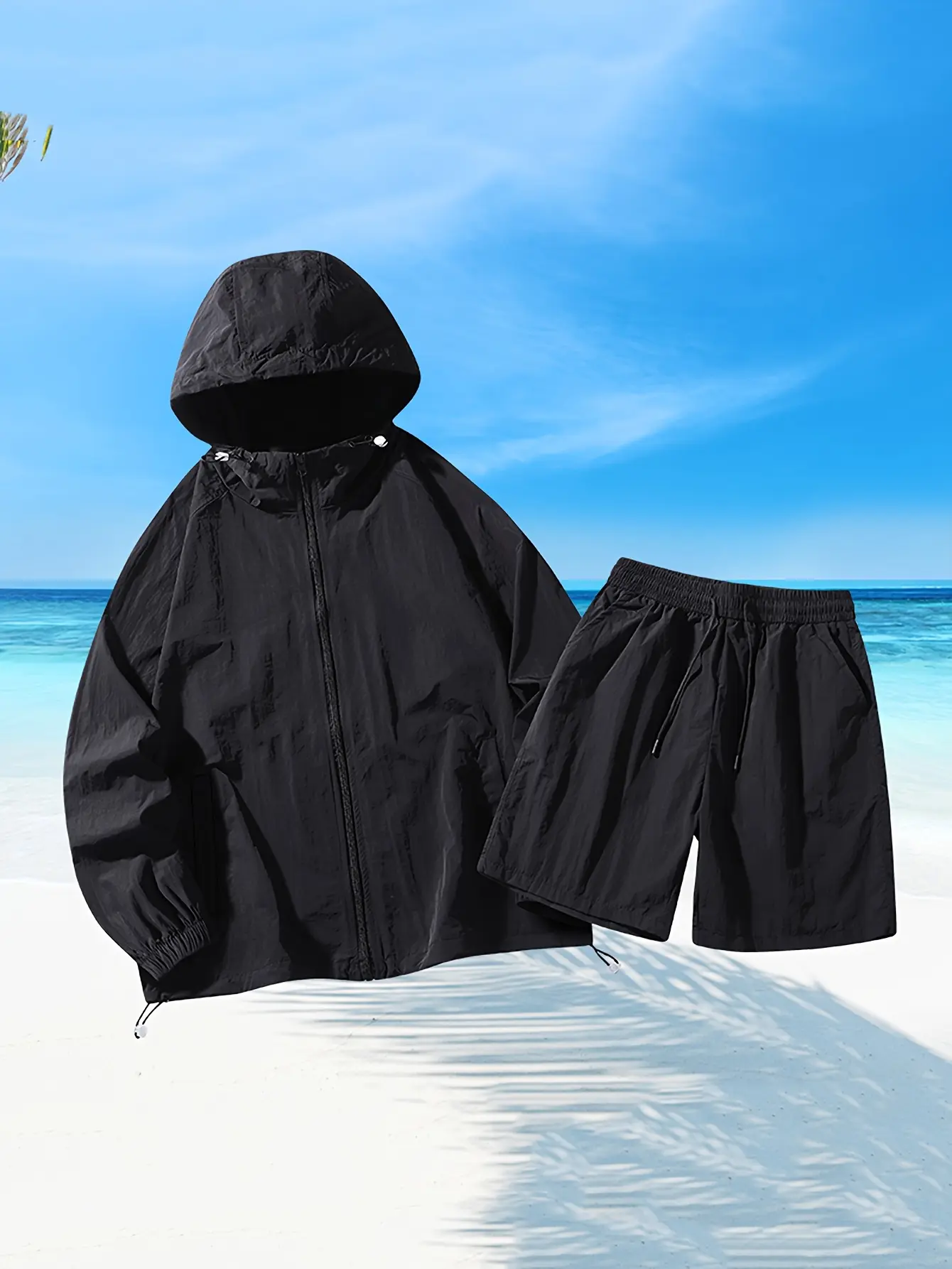 Men's Athleisure Set - Fitted Polyamide Long Sleeve Hooded Tracksuit with Sun Protection for Outdoor Sports & Casual Wear, Casual Outdoor Activewear, Leisure Sports
