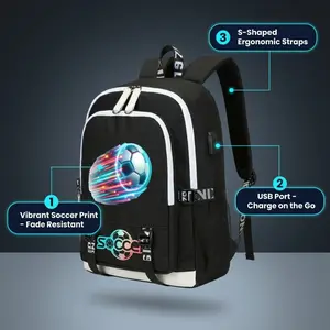 World Cup Soccer Star Print Student Backpack USB Charging Port Breathable Wear Resistant Ergonomic Weight Relief School Bag Large Capacity Laptop Backpack For Boys Girls School Travel Daily Commute Sturdy Construction