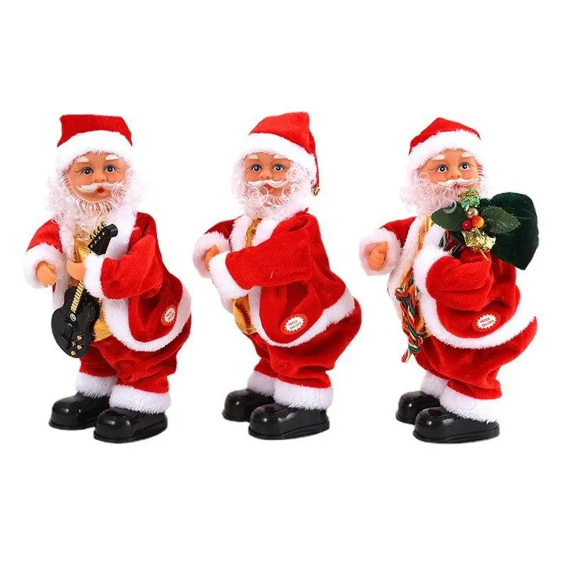 Fun Santa Claus ornaments: “OK” hip-shaking, gift-bearing, and electric guitar-playing.
