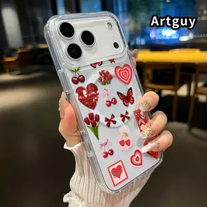 Magnetic Soft Case for iPhone 17 16  Pro Max Plus 15 14 13 12 11 Air E Non-Yellowing Drop Protection Transparent Acrylic Large Hole Red Love Icons Pattern Shockproof Silicone Cover Supports Wireless Charging