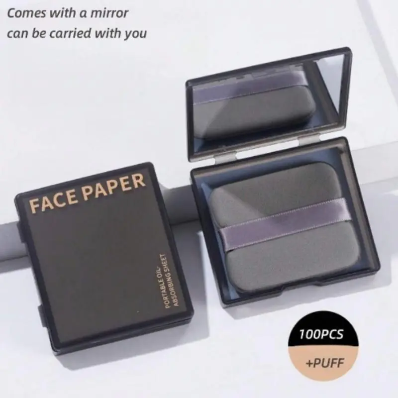 Portable Oil-Absorbing Face Paper with Mirror & Puff, 100pcs/set Oil-Control Blotting Papers for Oily Skin, Handy Facial Makeup Tool