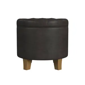 Round Storage Ottoman Black Faux Leather - HomePop: Honey Oak Wood Legs, Button Tufted, Easy to Assemble