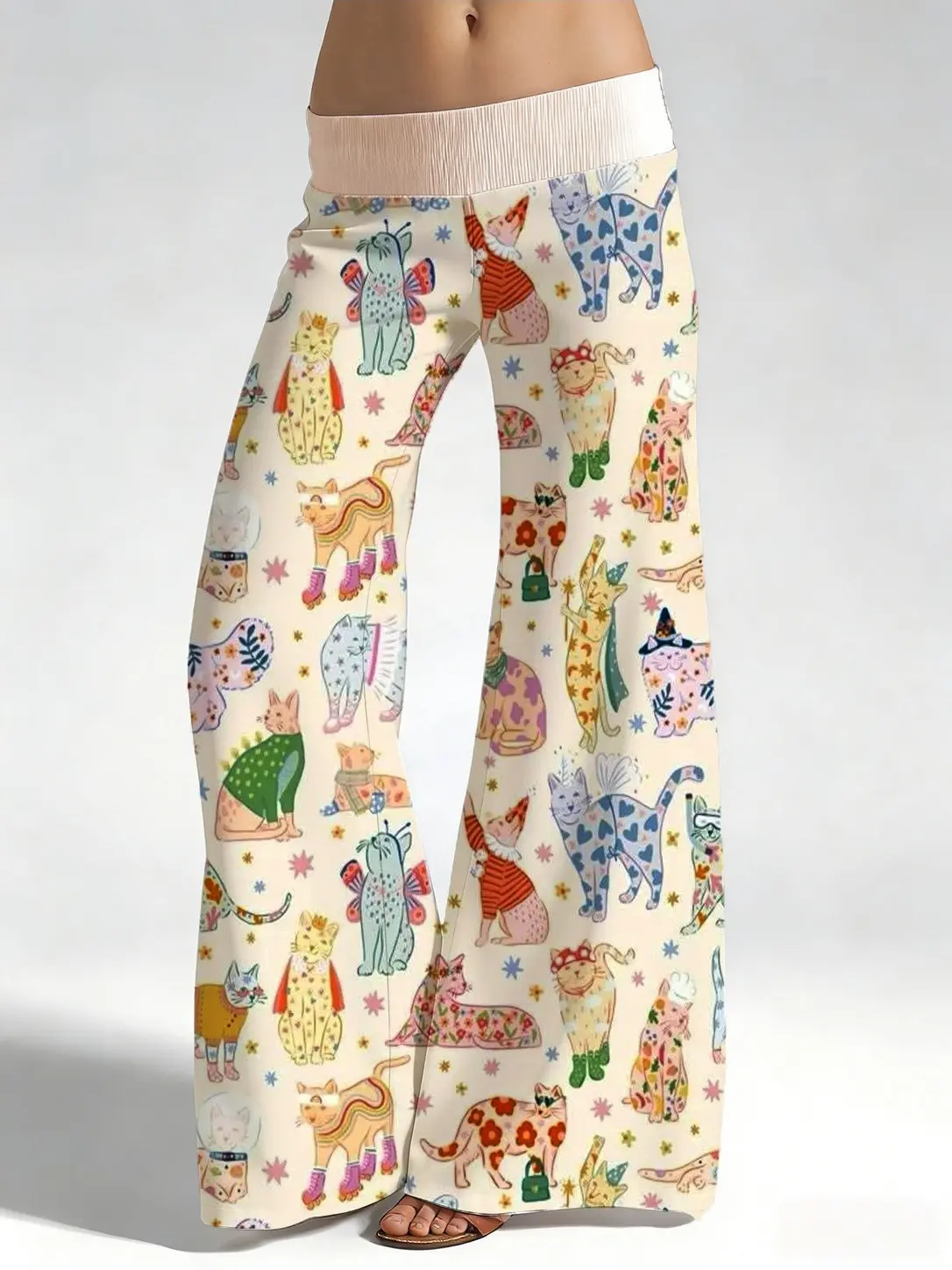 Animal Pattern Pants for Women - Low Waisted Wide Leg Lounge Trousers with Cat Print, Lightweight & Comfortable, Animal Print, Cute, Bottom, Chic, Halloween, Christmas, Thanksgiving, Easter, Vibe, Comfy Pants, Valentines Day