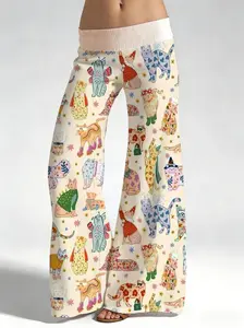 Women's Chic Fitted Cat Print Wide-Leg Bootcut Pants, Vibe-Enhancing Casual Animal Graphic Bottoms, Comfortable Spring Holiday Outfit Clothes