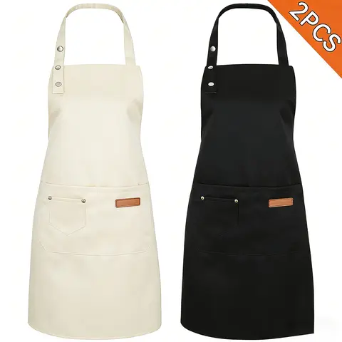 Women's 2-Pcs Set All Purpose Aprons - Waterproof Lightweight Polyester Kitchen Aprons with Button, Practical Pockets, Adjustable Neck, 75cm Length, 65cm Base Width