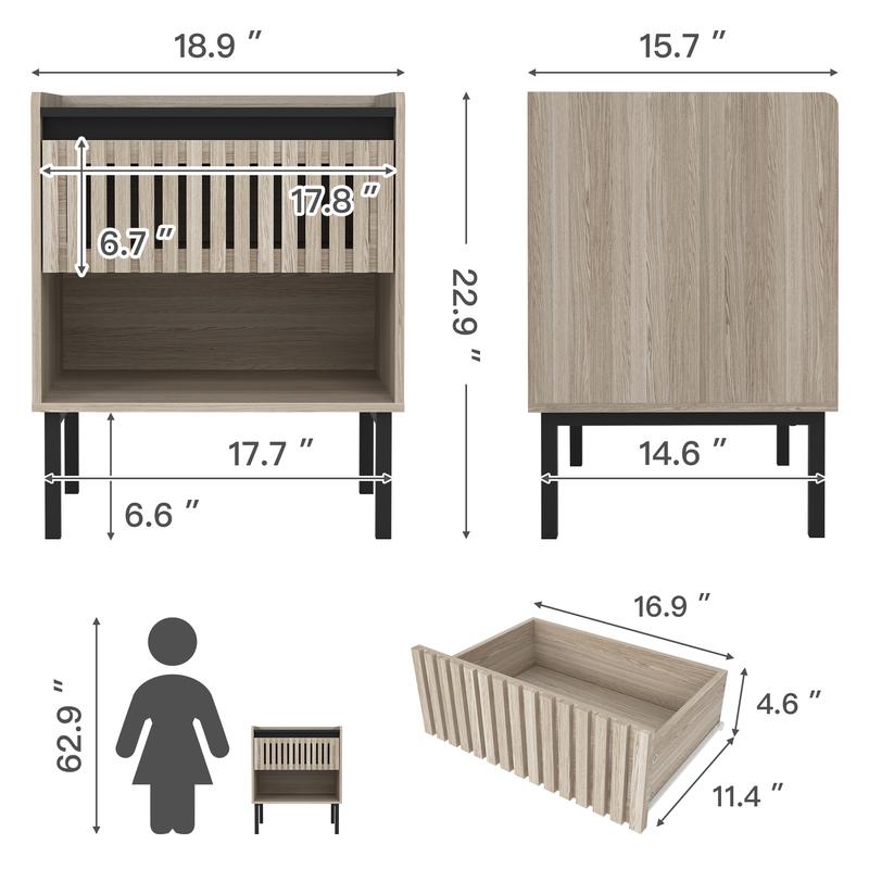 Set of 2 Modern Fence Nightstands ,Boho Khaki Bedside Table Set of 2, End Table with Open Storage Space & Metal Legs, Bedroom Night Stand