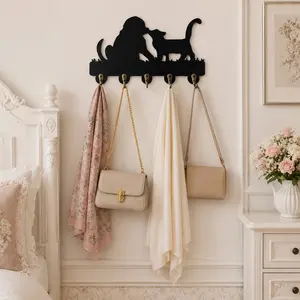 Wooden Wall-Mounted Key Rack, Multifunctional Wall Hook Rack,Cat Theme Key Holder, Clothes Organizer, Cat & Dog Wall Hook Rack,Perfect Mother’s Day Gift for Moms