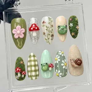 Handmade Green Frog Press On Nails, Cute Mushroom Nail Set, 3D Moss Texture & Plaid Accents, Nails For Fun Goblincore Vibes