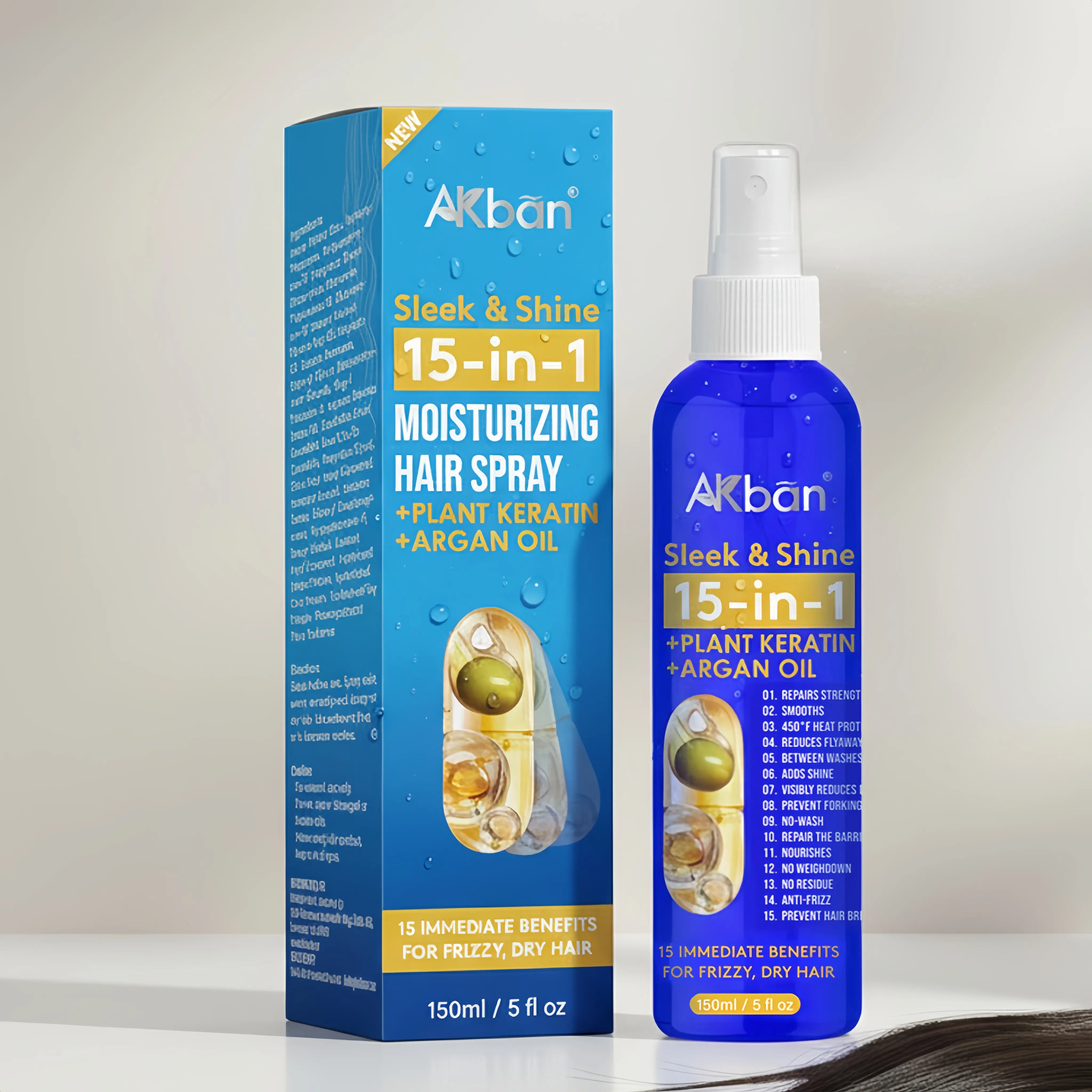 AKban 15-in-1 Sleek & Shine Leave-In Hair Spray - Oil-Infused, Conditioning, Glossing, Antifrizz, Blowout Leave-In Treatments with Argan Oil, Plant Keratin, Heat Protection, Youth Boost for Frizzy Dry Hair, No Sticky Residue, Conditioning Leave-In Treatme