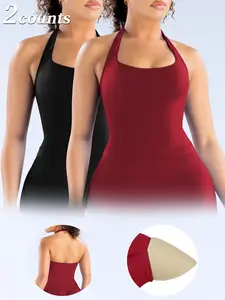 2 Pcs Women's Yoga Halter Neck Tank Top with Removable Pads, Three-Layer Seamless Backless Tank Tops Casual Solid Color Soft All Seasons Wear