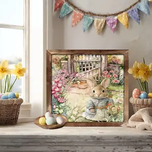 (2D Flat)  1PC 8 x 8 Inches Happy Easter Wooden Sign, Vintage Garden Peter Rabbit Flowers Gate , Easter Gifts Table Desk Decor, Easter Party Decorations Home Decorations for Family Holiday Decor Spring Decor