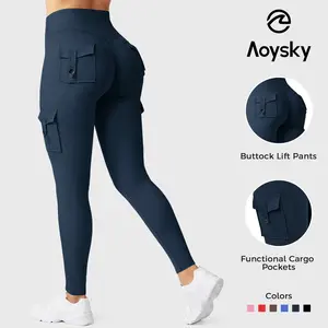 Aoysky Womens Workout Cargo Leggings Pockets High Waisted Hidden Scrunch Butt Lifting Booty Leggings Seamless Yoga Pant
