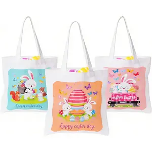 3 count  Easter Basket Bags Happy Easter Canvas Tote Bags with Handles Bunny    Egg Hunt Party Favor Bags |  Buckle, 3 count