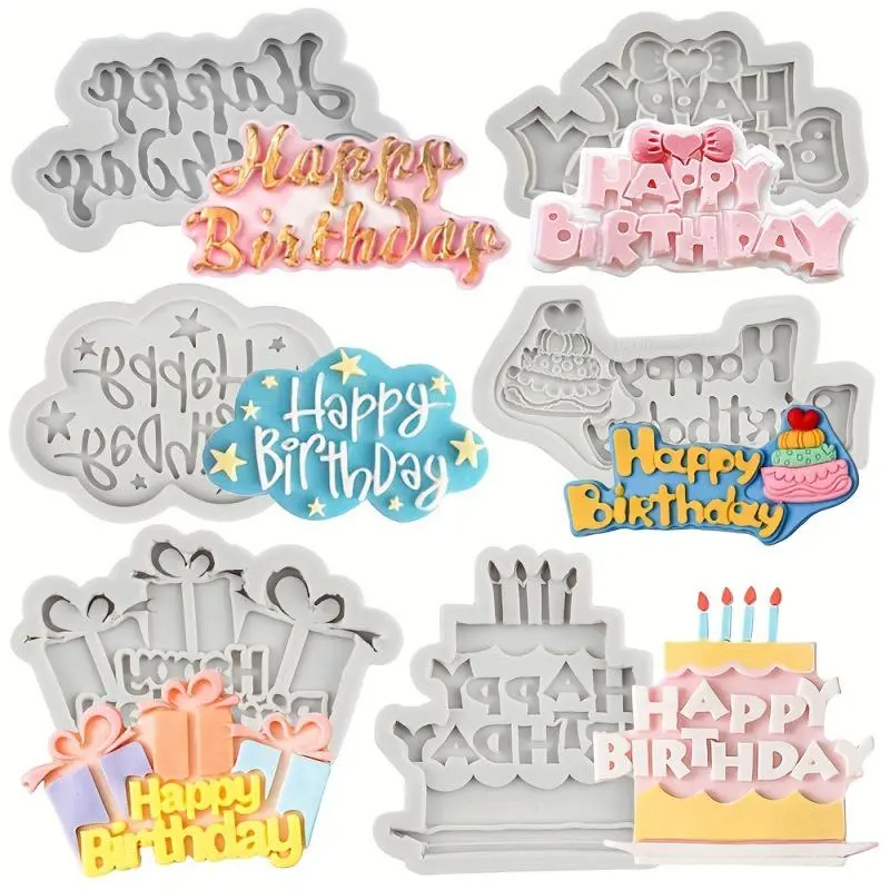 6pcs Happy Birthday Silicone Mold Birthday Letter Silicone Mold Letter Silicone Cake Mold DIY Cake Decoration Candy Chocolate Glue Paste Polymer Clay Set