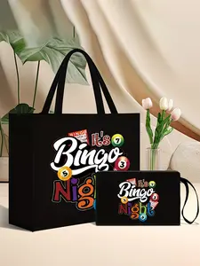 Women's Bingo Night Themed Tote & Wallet Set, Magnetic Closure, Bingo Ball & Numbered Cards Print, Durable Lining, Sturdy Strap