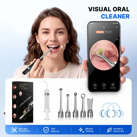 Tonsil Stone Remover Kit with HD Camera & Light - WiFi-Connected for iOS/Android, 5 Attachments, Rechargeable (USB/Battery), Home Oral Care Tool