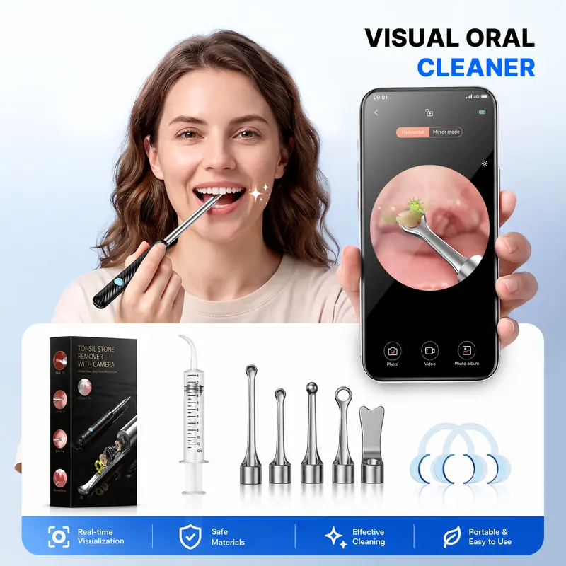 Tonsil Stone Remover Kit with HD Camera & Light - WiFi-Connected for iOS/Android, 5 Attachments, Rechargeable (USB/Battery), Home Oral Care Tool