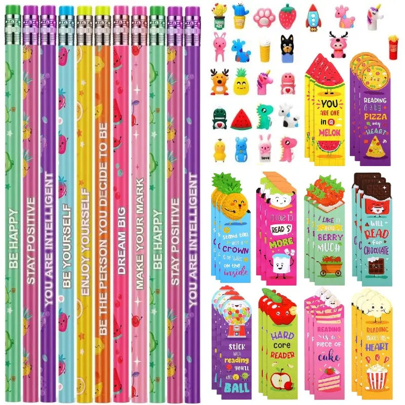 Gejoy Scented Pencils Gifts 128pcs Back to School Pencils Gift with 48 Scented Pencils 30 Cartoon Pencil Toppers 50 Cented Bookmarks School Essentials Classroom Supplies Fun Pencils Gift Fruit Food Theme Stationery Gift for Students, Teacher Supplies