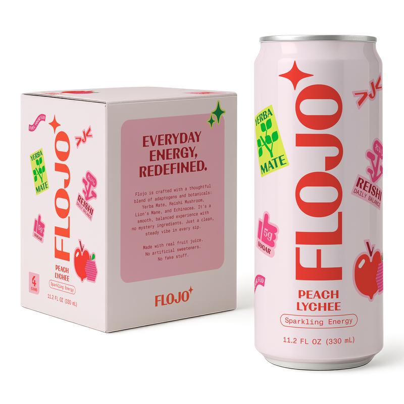 FLOJO Peach Lychee Sparkling Energy Drink - 8 Cans + Bonus 4 Cans (12 Total) - Smooth Clear Everyday Energy with Natural Yerba Mate & Functional Mushrooms