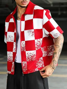Men's Street Style Checkered Jacket, Lapel Zipper Design, Cool Summer Look, Trendy Men's Outerwear, Perfect for Casual Wear