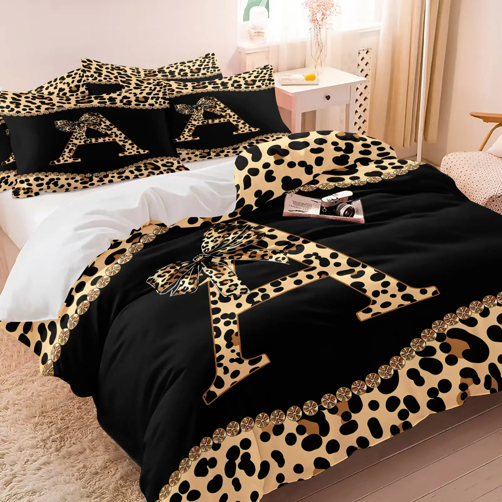Personalized Initial Letter A Duvet Cover Set, With 1 or 2 Pillowcases + 1 Duvet Cover, Leopard Print Bow Cheetah Aesthetic, Soft Microfiber Bedding, Comfy Bedding Sets, for Girls Teens Bedroom Dorm Decor, Gift for Leopard Lovers