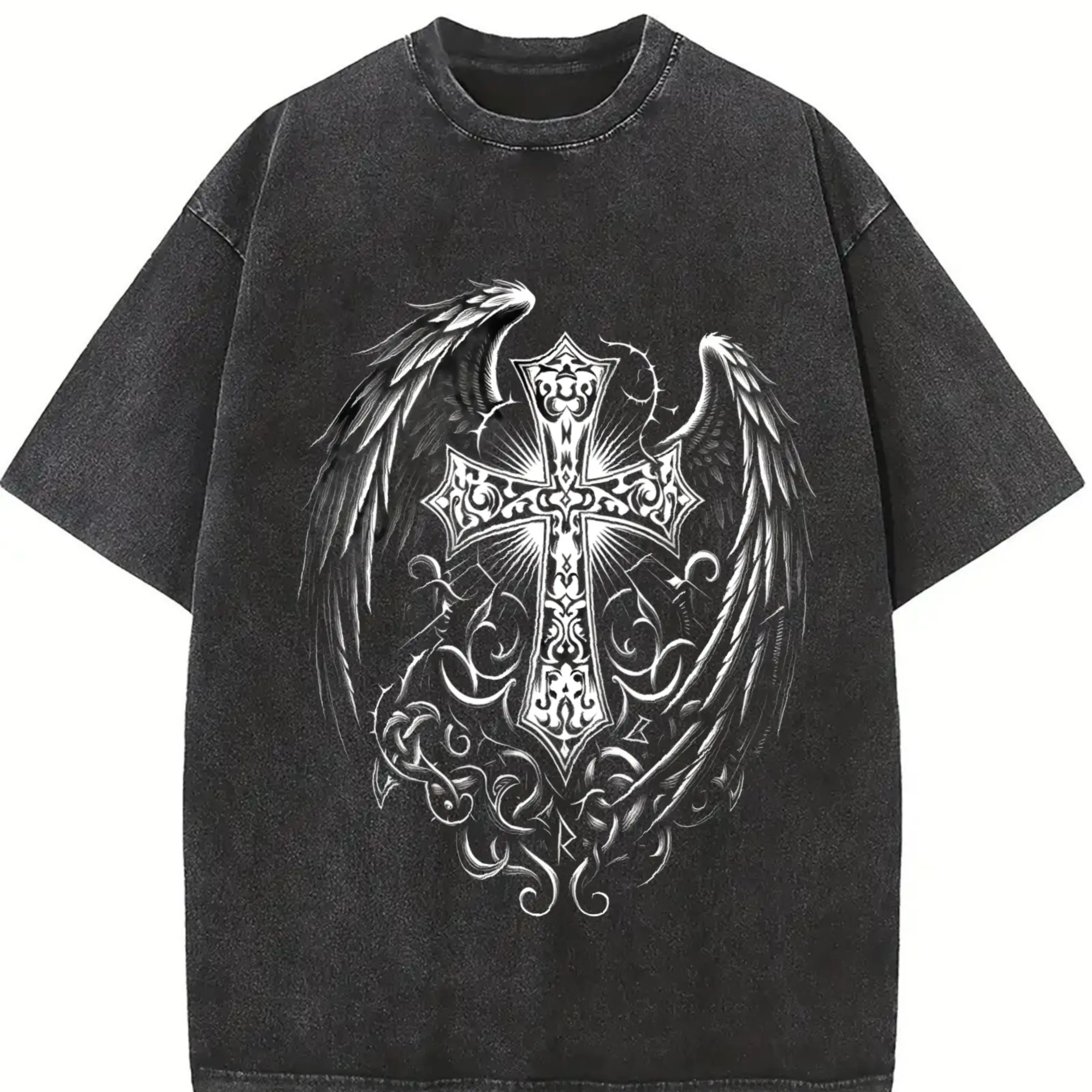 Soft Grunge Statement Tee for Urban Explorers Featuring Ornate Silver Cross & Feathered Wings on a Sun-faded Dark Gray Garment Dyed Washed T Shirt 230gsm, Ultra-Soft Breathable 100% Cotton Daily Uniform Perfect for Coastal Vibes and Concerts