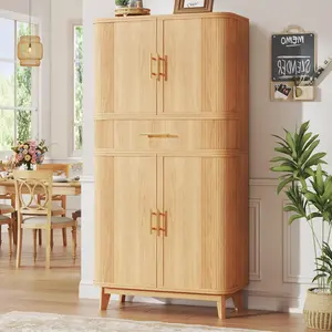 71" Pantry Cabinet with Drawer, Kitchen Pantry Storage Cabinet with 4 Doors, Modern Curved Storage Cabinets with 10 Large Storage Spaces for Dining Room, Living Room, Oak