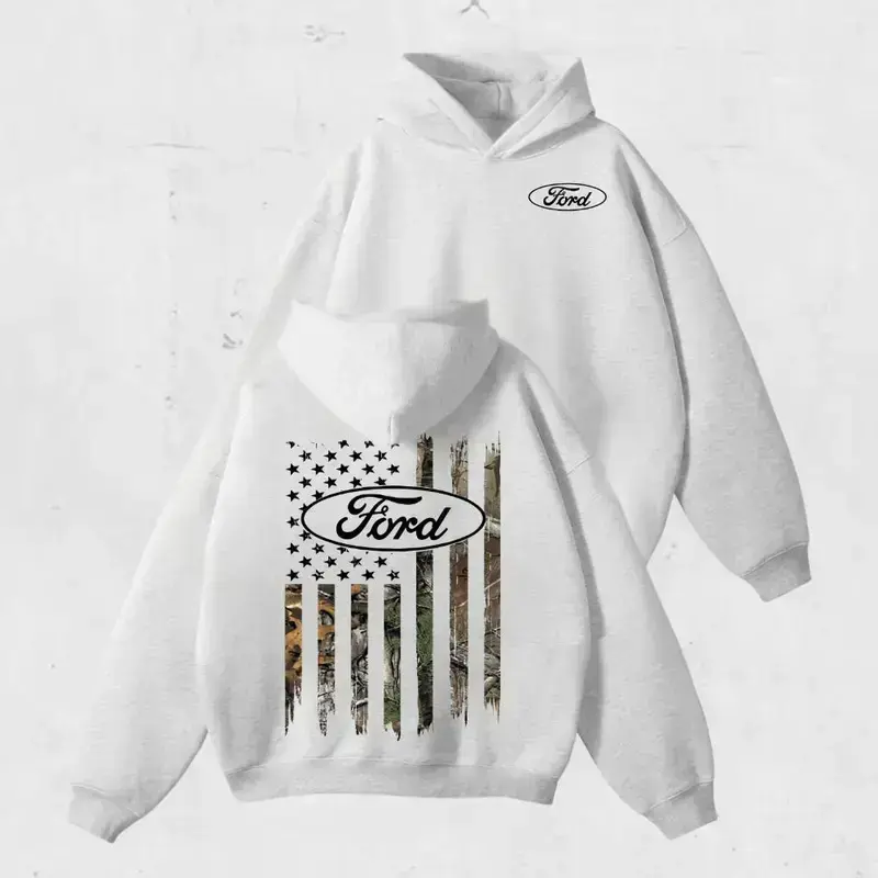 Ford Trucks Camo Hoodie, Vintage Ford USA Flag Graphic Print, Classic American Truck Streetwear for Men & Women, Menswear
