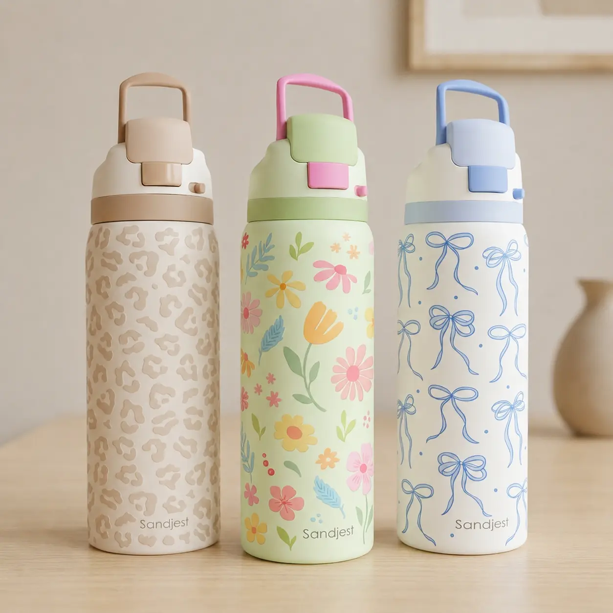 SANDJEST 32oz Pattern Stainless Steel Insulated Water Bottle with Push-Button Lid & Straw, Leakproof Hydration Tumbler, Portable Reusable, Keeps Drinks Cold & Hot, Travel Stylish Drinkware for Outdoor Use
