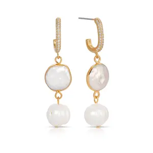 Dangling Freshwater Pearl Huggie Hoop Earrings pearl earring