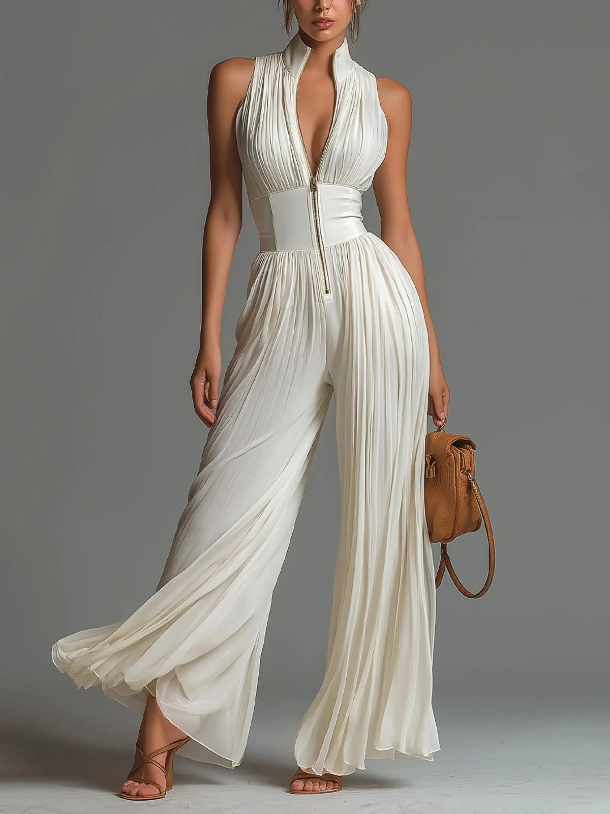 2026 New Western-Style White Pleated Halter-Neck Jumpsuit – Long, Wide-Leg, Stylish & Sexy Elegant Fashion