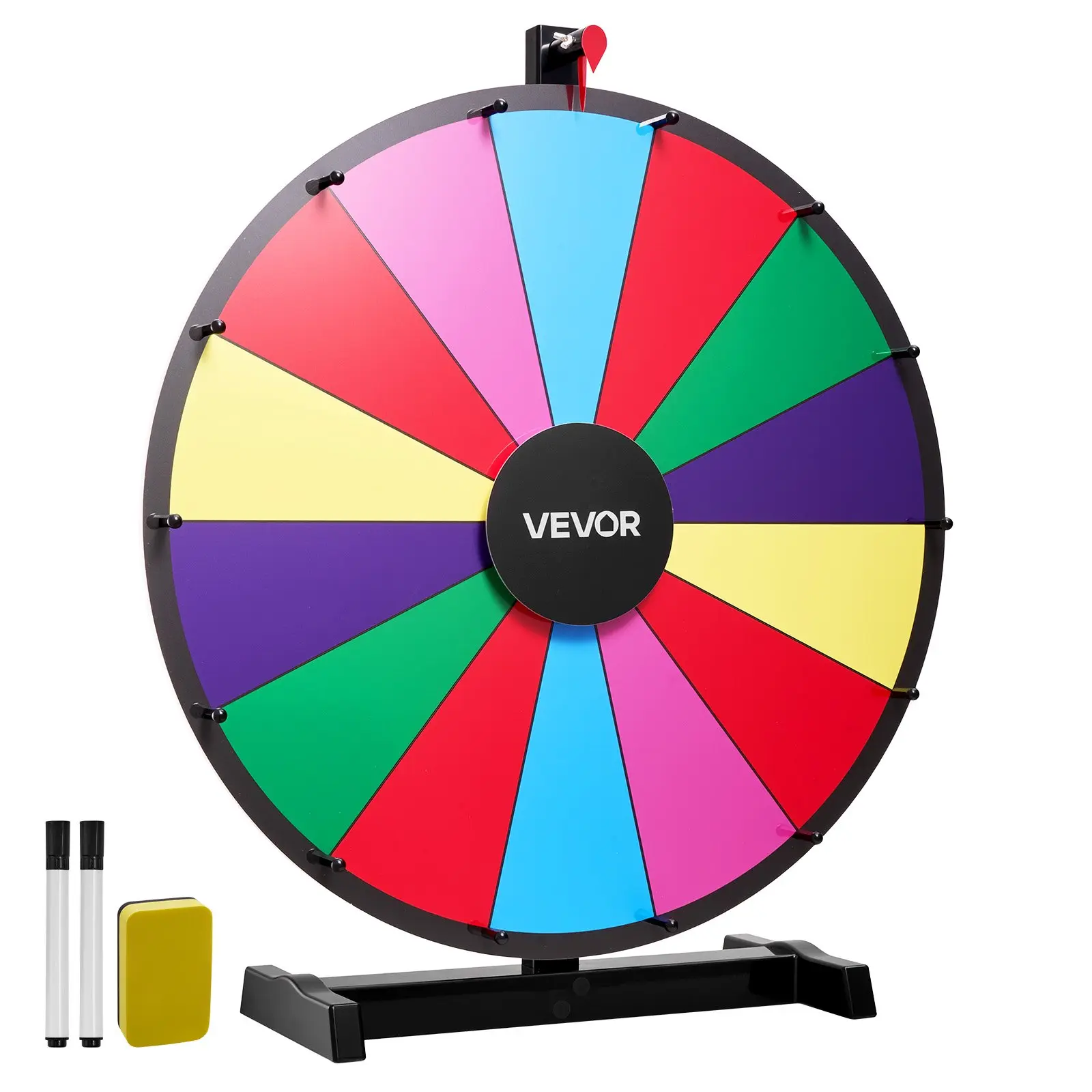 VEVOR 24-in 14-Slot Spinning Wheel, 23.82 x 8.07 x 27.36 in Space-Saving Portable Wheel with Stand & Table Top Option, Customizable Dry Rewritable Board, Marker Set, 6 Colors Design, Clicking Sound, Easy Assembly for Classrooms, Carnival Events